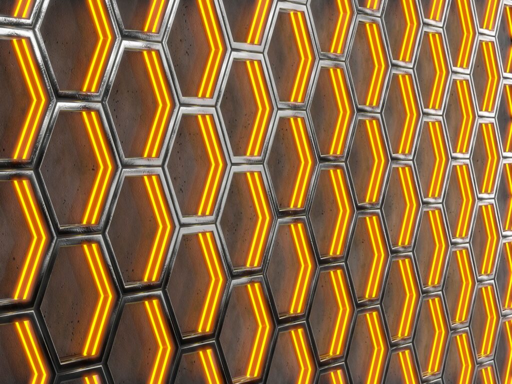 Glowing hexagonal cells on a concrete background. Abstract background with geometric structure.