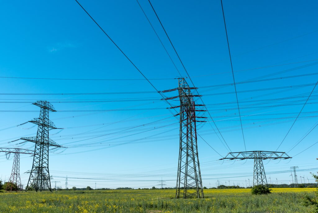 Transmission towers with power lines